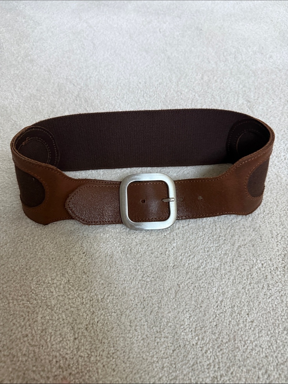 United Colors Of Benetton Brown Leather - Elastic Belt Matte Metal Silver Buckle
